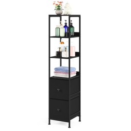 Tall Bathroom Storage Cabinet, 55.9'' Slim Bathroom Floor Cabinet with Fabric Drawers for Small Spaces, Narrow Storage Cabinet Shelves Bathroom Organizer Towel Rack for Living Room, Kitchen, Black