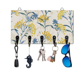 JasmineM Vintage Floral Plant Key Holder for Wall Decorative, Wood Wall Mounted Key Rack with 5 Key Hooks, Keys Hanger Organizer for Entryway Hallway Office Home Decor, Yellow Blue