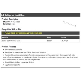 Marketplace Auto Parts A/C Refrigerant Liquid Hose - Compatible with 2006-2011 Honda Civic Sedan 1.8L 4-Cylinder