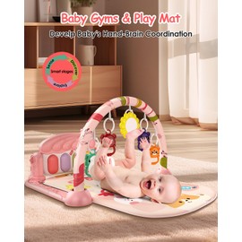 dearlomum Baby Gym Play Mat with 4-Key Musical Piano Play Activity Center with Hanging Toys Tummy Time Mat for Infants and Toddlers Lights Sounds and Sensory Development (Pink Animal Theme)