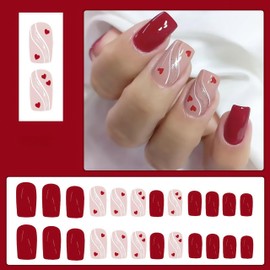 24Pcs Valentine's Day Press on Nails Short Square Fake Nails Little Love Heart Acrylic Nails White Gold Glitter Line Design Artificial Stick on False Nails Glue on Nails for Women Valentines Nail Gift