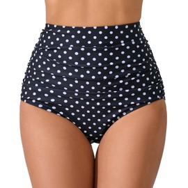 JOYBIK Women’s High Waisted Full Ruched Bikini Swimsuit Bottoms Tummy Control Full Coverage Bathing Suit Bottoms Black Polka Dot XL