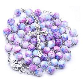 Kuesn 8mm Ocean Beads Catholic Rosary Necklace Beads Purple Round Beads Miraculous Medal Cross Crystal Religious Necklace (Purple)