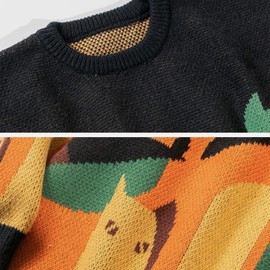 Aelfric Eden Graphic Sweaters Color Blocking Cat Sweater Vintage Oversized Crewneck Knit Pullover Christmas Tops Black