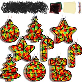 Lonfliness 30 Sets Christmas Crafts for Kids Christmas Suncatchers Craft Xmas Stained Glass Decoration DIY Window Stained Glass Effect Christmas Ornaments for Xmas Home Window Party Decor Gifts Favors