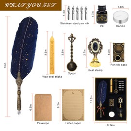 Anglekai Quill Pen and Ink Set, Calligraphy Feather Pen Set with Wax Seal Stamp, Ink, Replacement Nibs, Spoon, Envelope Letter Paper, White Wax, Antique Quills (Blue)