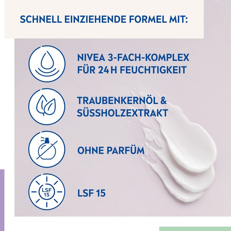 NIVEA Beruhigende Tagespflege 24h Feuchtigkeit LSF 15, parfumfreie Gesichtscreme für