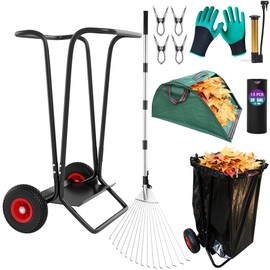 AimGrowth Mobile Trash Bag Holder Outdoor Lawn Leaf Bag Holder with Leaf Chute Metal Rake & 15 Count 39 Gallon Drawstring Trash Bags | Holds 35-65 Gallon Leaf Bags for Leaves Weeding Camping Party