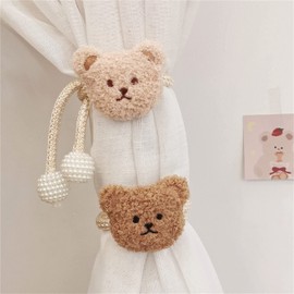 Herfair Pack of 2 curtain clips, tiebacks rope, cartoon bear curtain holders, bear curtain tiebacks, curtains hooks rings bear for children's room decoration (coffee)