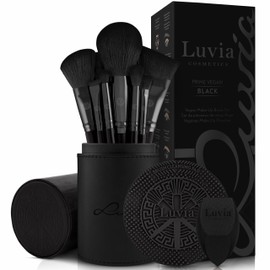 Make-up Brush Set 15 Pieces Vegan | 12 Professional Makeup Brushes | Includes Blender, Cleaning Mat & Brush Storage Made of Vegan Leather | Prime Vegan Black | Luvia