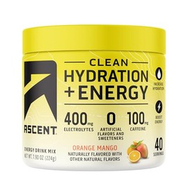 Ascent Clean Hydration + Energy Electrolytes Powder - 100mg of Caffeine & 400mg of Electrolytes, No Artificial Sweetener – Orange Mango, 40 Serving