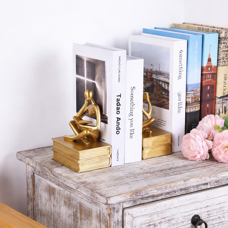Reading Thinker Statue Book Ends for Shelves, Decorative Bookends for