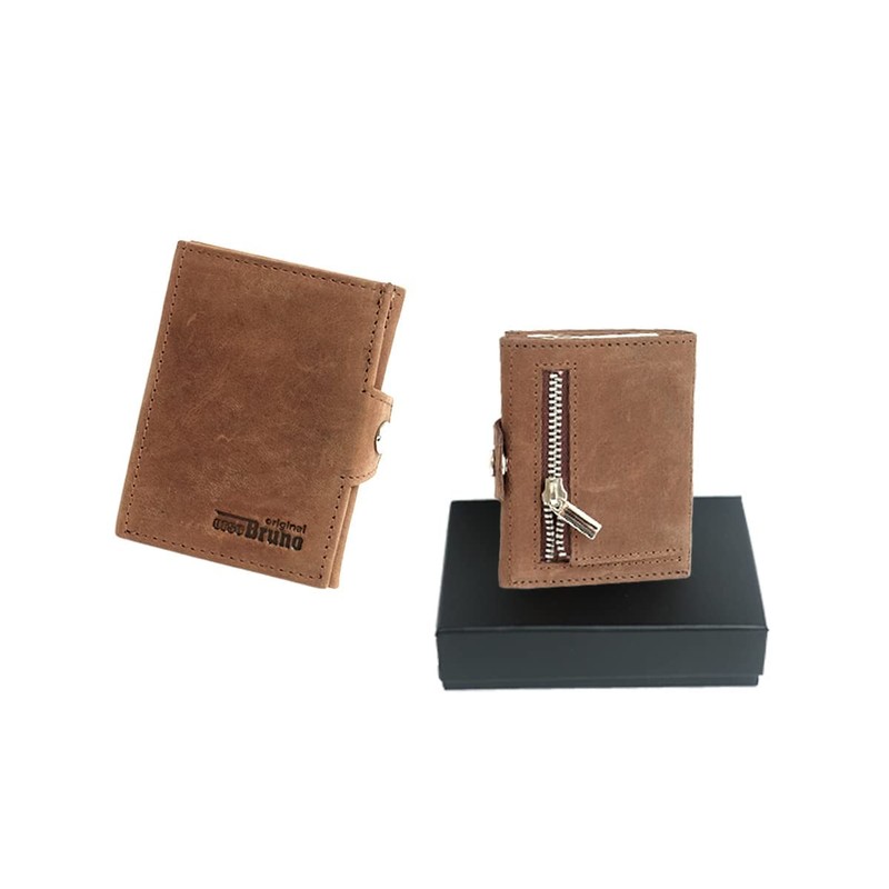 Slim Wallet Deluxe, Brown buffalo leather with zip pocket, rfid