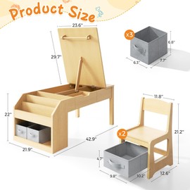 5-in-1 Kids Art Table and Chairs, Toddler Table and Chair Set, Craft Play Desk for Kids, Convertible Art Easel with Paper Roll Holder & Storage Drawers, Children Activity Learning Center - Nature Wood