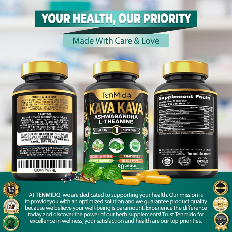 Kava Kava Supplement - 7in1 Blend with Ashwagandha, L-Theanine, Rhodiola,