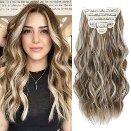 FLIACE Hair Extensions Clip ins, 6 PCS Wavy Extensions, Light Brown&Ash Blonde Thick Hairpieces, Blends Well Hair Extensions (20Inch, 6PCS, Light Brown&Ash Blonde)