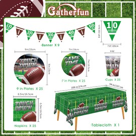 Gatherfun Football Party Supplies Kit Serve 25, Includes Disposable Dinner Plates, Dessert Plates, Napkins, Cups,and Football Tablecloth, Football Birthday Party Tailgate Party Decorations