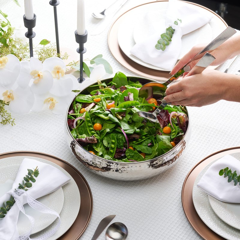 Colleta Home Salad Bowl and Serving Utensils - Hammered Detailing