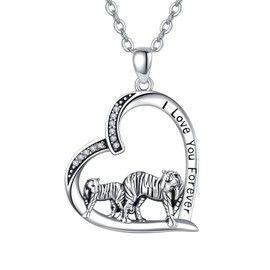 TANGPOET Tiger Necklace 925 Sterling Silver Heart Animal Necklace I Love You Forever Pendant Mother's Day Jewellery Gifts for Mother Daughter Family, Sterling Silver, Tiger