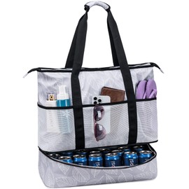 JIANYA Beach Bag XL Women Waterproof Beach Tote Pool Bags with Cooler Sandproof Beach Essentials for Beach Vacation Travel, Linear leaf - Grey