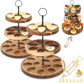 Memorywuu 2 Pack 3 Tier Wooden Deviled Egg Platter 48 Holes Deviled Egg Stand Plate Reversible Tray Serving Tray Holder for Thanksgiving Christmas Easter Cheese Serving Home Supplies(Black)