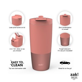 zak! Sutton 2-in-1 Tumbler, Coral Blush - 30 oz - Durable Stainless Steel - Double-Wall Vacuum Insulation & Leak-Proof Lid - BPA Free - Dishwasher Safe