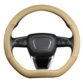 Cxtiy D Shaped Steering Wheel Cover, Genuine Leather Flat Bottom Stearing Wheel Cover Luxury Car Accessories 14 1/2-15 inch (Beige)