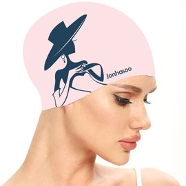 Jonhasoo Silicone Swim Cap for Women, Waterproof Long Hair Swimming Caps with Silhouette Printed (Pink)