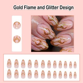 ANDGING Gold Press on Nails Oval Short Flame Fake Nails with Glitter Design Gel Almond Glue on Nails for Women Acrylic False Nails with Glue Full Cover Stick on Nails for Wedding Birthday 24Pcs