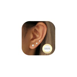 DORANA 3 Pairs 14K Gold Stud Earrings for Women Hypoallergenic 925 Sterling Silver Stud Earring Dainty Small Cubic Zirconia Dot Gold Studs Earring Tiny Cute Earrings Set for Multiple Piercings