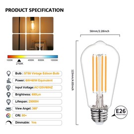BORT 4Pack ST58/ST19 Vintage LED Edison Bulbs, Warm White 2700K, 6W Equivalent 60W LED Filament Light Bulbs, Dimmable 700LM, E26 Decorative Light Bulb