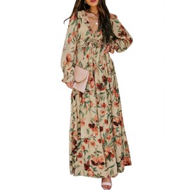 BLENCOT Women's Casual Boho Floral Printed Deep V Neck Loose Long Sleeve Long Evening Dress Ruched Cocktail Party Maxi Wedding Dress Apricot Medium