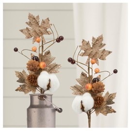 Factory Direct Craft Artificial Fall Leaf, Cotton and Berries Stems Set of 2 - Fake Cotton and Fall Leaves Picks for Farmhouse Arrangements and Rustic Wreath Accents (12 Inches High)