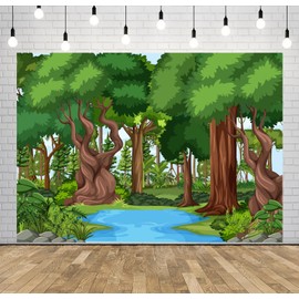 CORFOTO Jungle Forest Landscape Backdrop 7x5ft Fabric Green Trees Tropical Rainforest River Background for Jungle Safari Themed Birthday Decorations Zoo Party Banner Kids Baby Shower Photo Booth Props