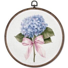 GWFSJYU Hydrangea Framed Wall Art, Blue Hydrangea Round Canvas Prints Wall Art, Spring Hydrangea Bow Wall Hanging Decor for Bathroom Bedroom Girls Room, Hydrangea Gifts, Hydrangea Decor,10x10inch