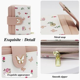 AdiStylinno Women's Purse, Cute Butterfly Snap Wallet for Women, Compact PU Leather Wallet with Front Pocket, Zip Coin Pocket, 5 Card Slots, and 1 ID Window, pink, Minimal
