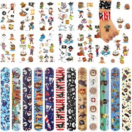 TZQFROCE Pack of 22 Pirate Party Bags 22 Pieces Pirate Decoration Children's Birthday Pirate Snap Bracelet Sticker Set Pirate Slap Bracelets Pirate Birthday Decoration for Children's Birthday Gifts