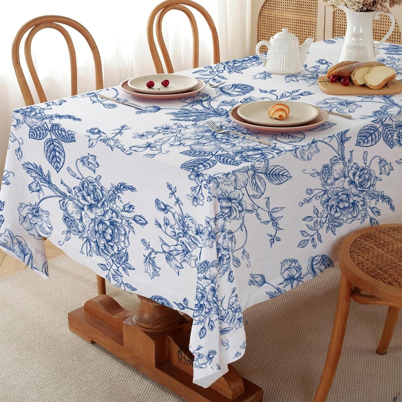 AIBIIN 132x182cm Blue Floral Tablecloth Rustic flowers Rectangle Table Cover