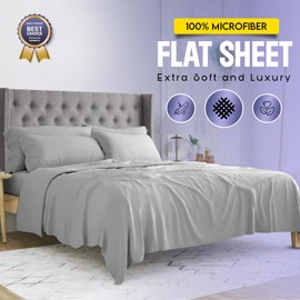 Sunshine Comforts Microfiber Flat Sheets King Size Breathable, Anti Wrinkle, Shrink and Fade Resistant 200 Thread Count Bed Sheets Bedding & Linen 260 x 254cm Silver Bedding King Size Flat Sheets
