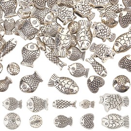 SUNNYCLUE 1 Box 100Pcs 10 Styles Silver Fish Beads Fishes Beads Metal Alloy Tibetan Antique Ocean Summer Animal Spacer Beads for Jewelry Making Supplies DIY Crafting Necklace Bracelet Anklets Adults