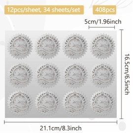 CRASPIRE 408pcs 2 Inch Clock Embossed Envelope Seals Stickers Waterproof Attendance Award Silver Foil Stickers Certificate Seals Self Adhesive Medal Decoration Label for Gift Packaging