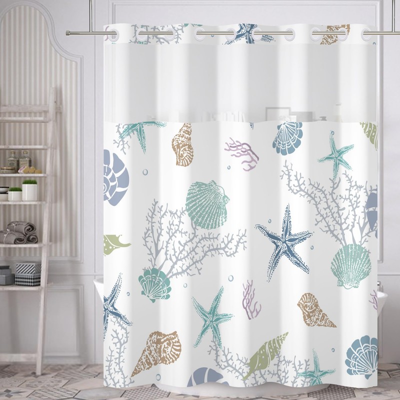 Yanutan No Hook Shower Curtain,Ocean Theme Double-Layered Shower Curtain with