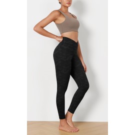 ODODOS Women's Cross Waist 7/8 Yoga Leggings with Inner Pocket, Inseam 25" Gathered Crossover Workout Yoga Pants, Camo Black, Small