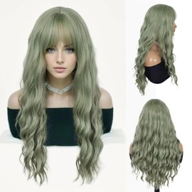 GNIMEGIL Mint Hued Green Wavy Wig Effortless Style with a Dash of Fantasy Long, Flowing Locks & Charming Bangs for a Dreamy Look, Perfect for Cosplay, Costume Parties