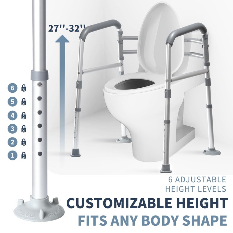 Toilet Safety Rails, Height-Adjustable, Foldable, Tool-Free Assembly, for Elderly, Seniors,