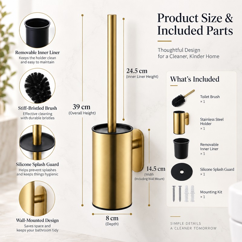 Gold Wall-Mounted Toilet Brush Set – No-Drill Stainless Steel Bathroom