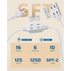 DEWENWILS DEWENWILS 2 Prong Extension Cord 6 Ft, 3FT + 3FT Indoor Extension Cord, 2 Groups 3 Polarized Outlets with Safety Cap Protect for Home Office, White, 16/2 SPT-2 ETL Listed, 1 Pack