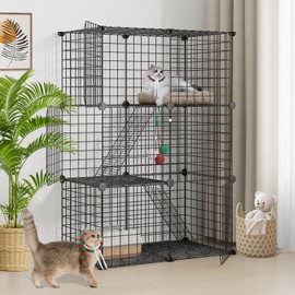 LotFun Cat Cages, 3-Tier Cat Enclosure DIY Kennel Detachable Patio Metal Wire Cat Playpen with Hammock for 2-3 Cats for Ferret, Squirrel and Small Animals