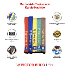 Victorbudo USA Kyokushin Embroidered Belts Red Blue Yellow Green Brown Sizes 220/280/320/360 CM (Red, 320)