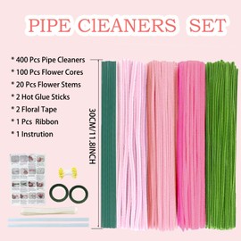 Pipe Cleaners Flower Craft Kit,Chenille Stems Craft DIY Bouquet Making Set with Floral Wires, Gardening Tape, Stamens & Ribbon for Home Decor-Holiday Decorations,Gifts - 400 Pcs (Pink)